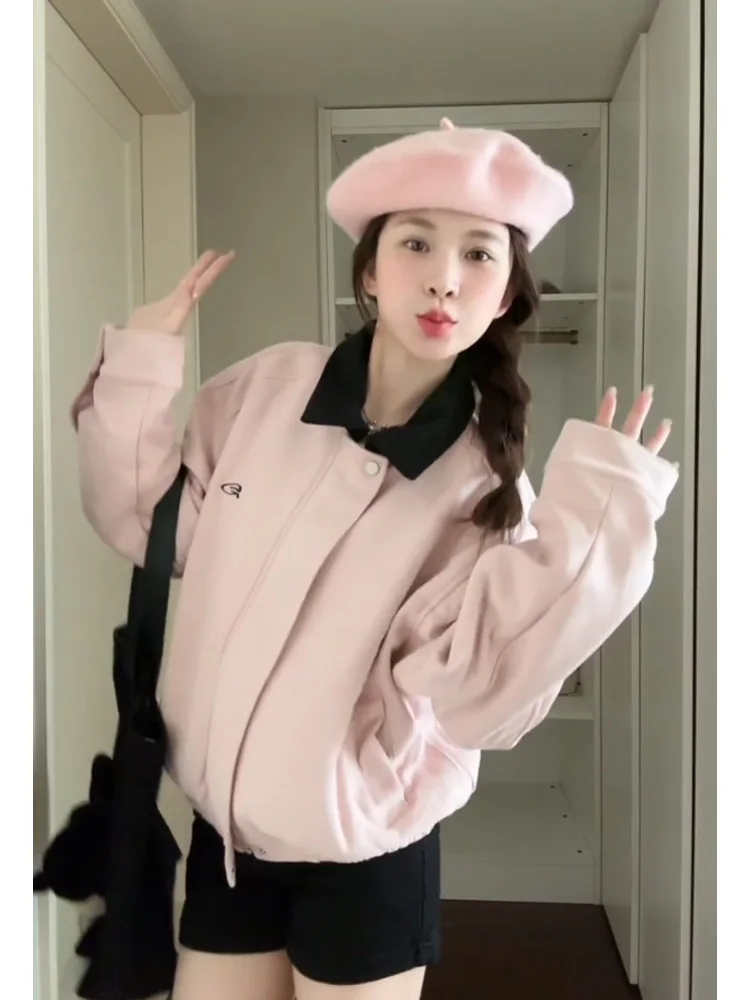 Rosa Wildleder ort Jaet Damen Frühling Herbst 2025, neue amerikanische Sle-Oberbekleidung mit gestepptem Revers und kleinem Fraance Sle