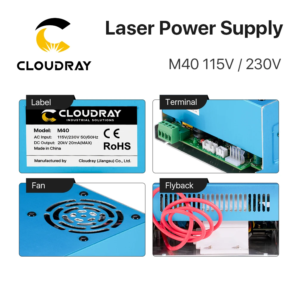 Cloudray 40W CO2 Laser Power Supply 115V/230V for Laser Tube Engraving Cutting Machine M40 Model B MYJG