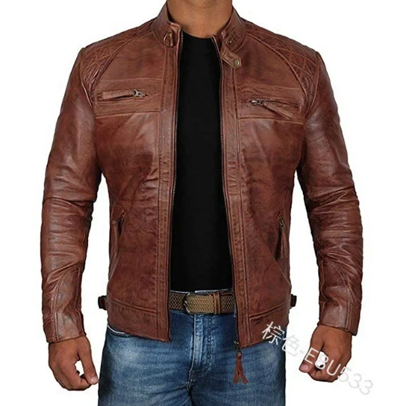 Europe and America Men Pu Leather Jacket Youth Standing Collar Punk Motorcycle Embossed-fit Leather Jacket