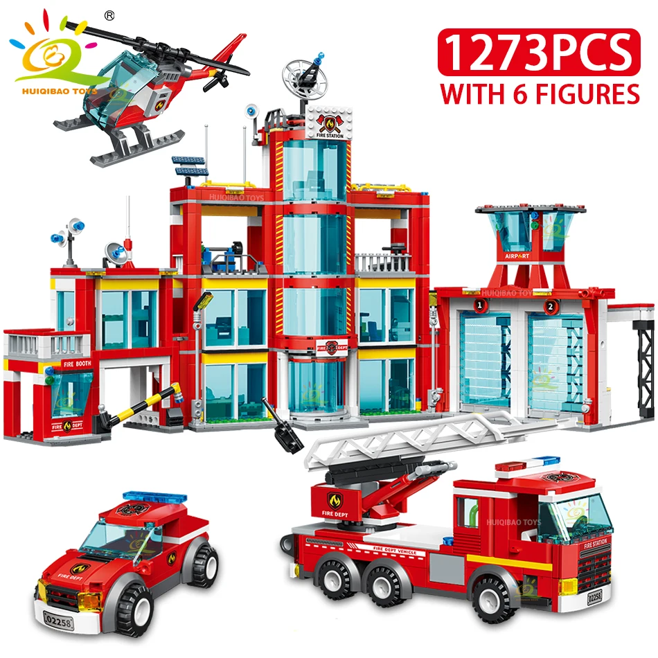 HUIQIBAO Fire Station Model Building Blocks Truck Helicopter Car Firefighter Bricks City Educational Toys For Children Gift