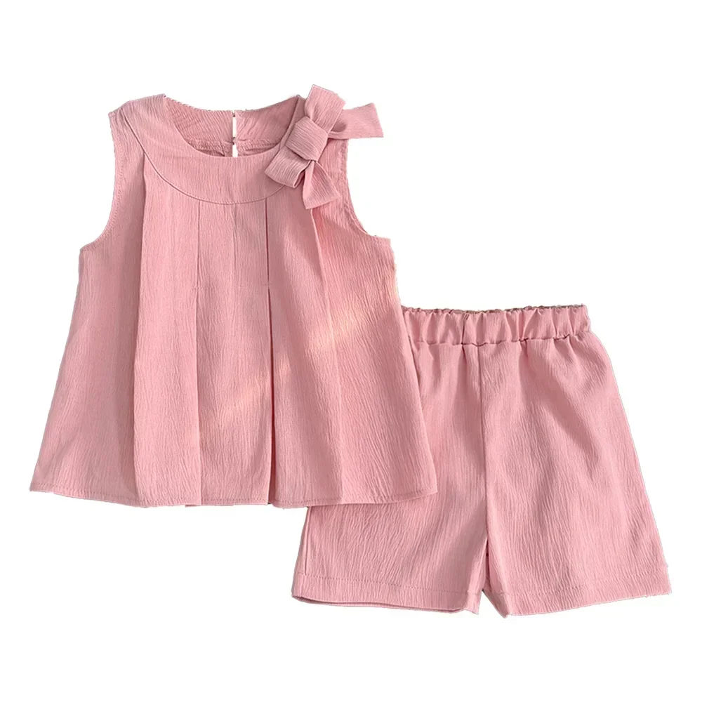 Costume d'été décontracté pour filles, Version coréenne, couleur unie, col rond, nœud plissé, haut + short, ensemble deux pièces pour usage quotidien, nouvelle collection