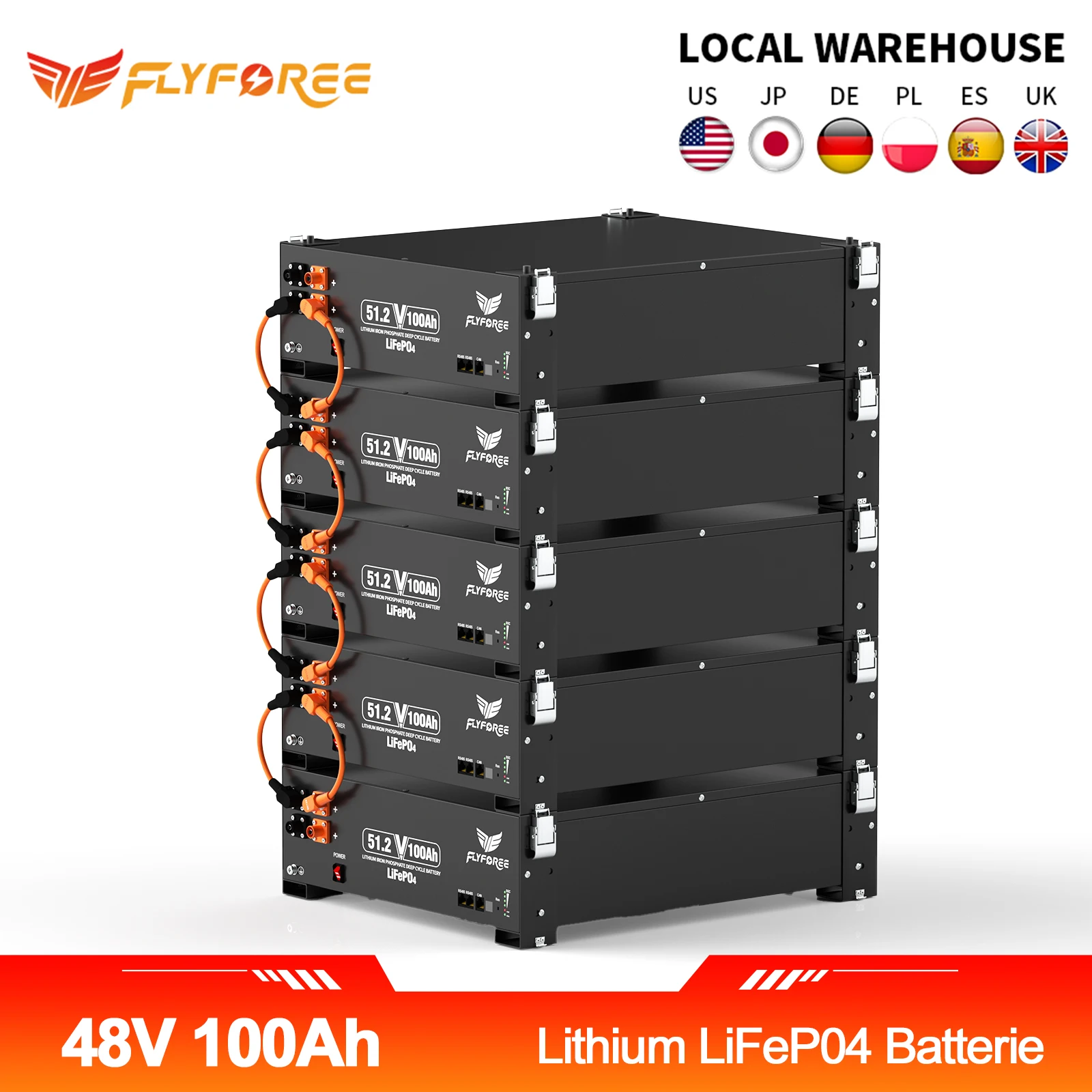 FLLYROWER 48V 100AH LiFePO4 Lithium-Batteriepack 5,12KW 8000+ Zyklen Mit BMS 100A Für Solarpanel Off-Grid Heimspeicher
