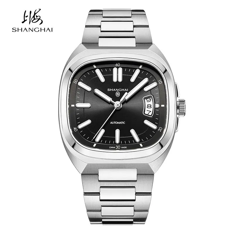 SHANGHAI Watch Vintage Square Automatic Men's Watches 39mm Date Mechanical Wristwatch 316L Stainless Steel Reloj Elegant SH018