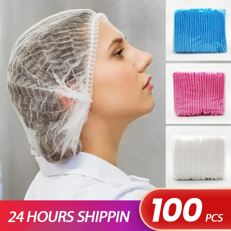 100Pcs Shower Cap Hair Nets Beauty Salon Head Cover Hats Mop Hygiene Plastic Thick Non-woven hat ProtectionCap Accessories