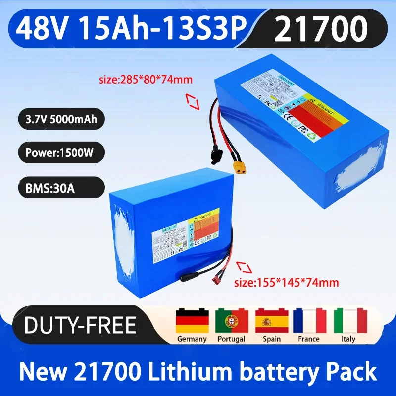 New 48V 15Ah 21700 13S3P lithium-ion battery pack with 1500W outdoor backup battery, equipped with 30A BMS+54.6V 3A charger