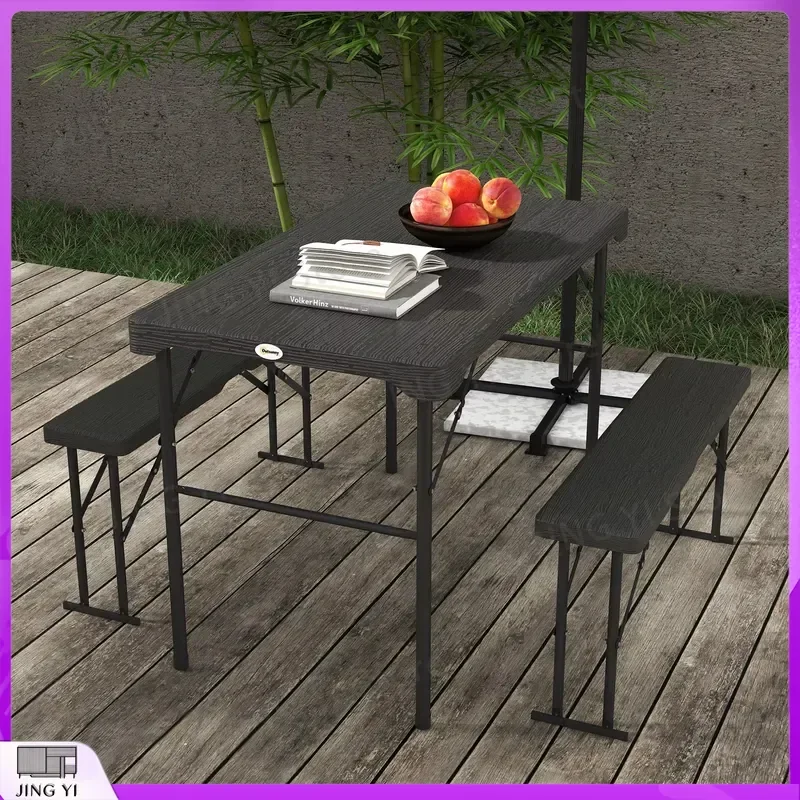 Folding Picnic Table with 2 Benches 3-Piece Portable Outdoor Dining Set for 4 People Garden Camping Table Set