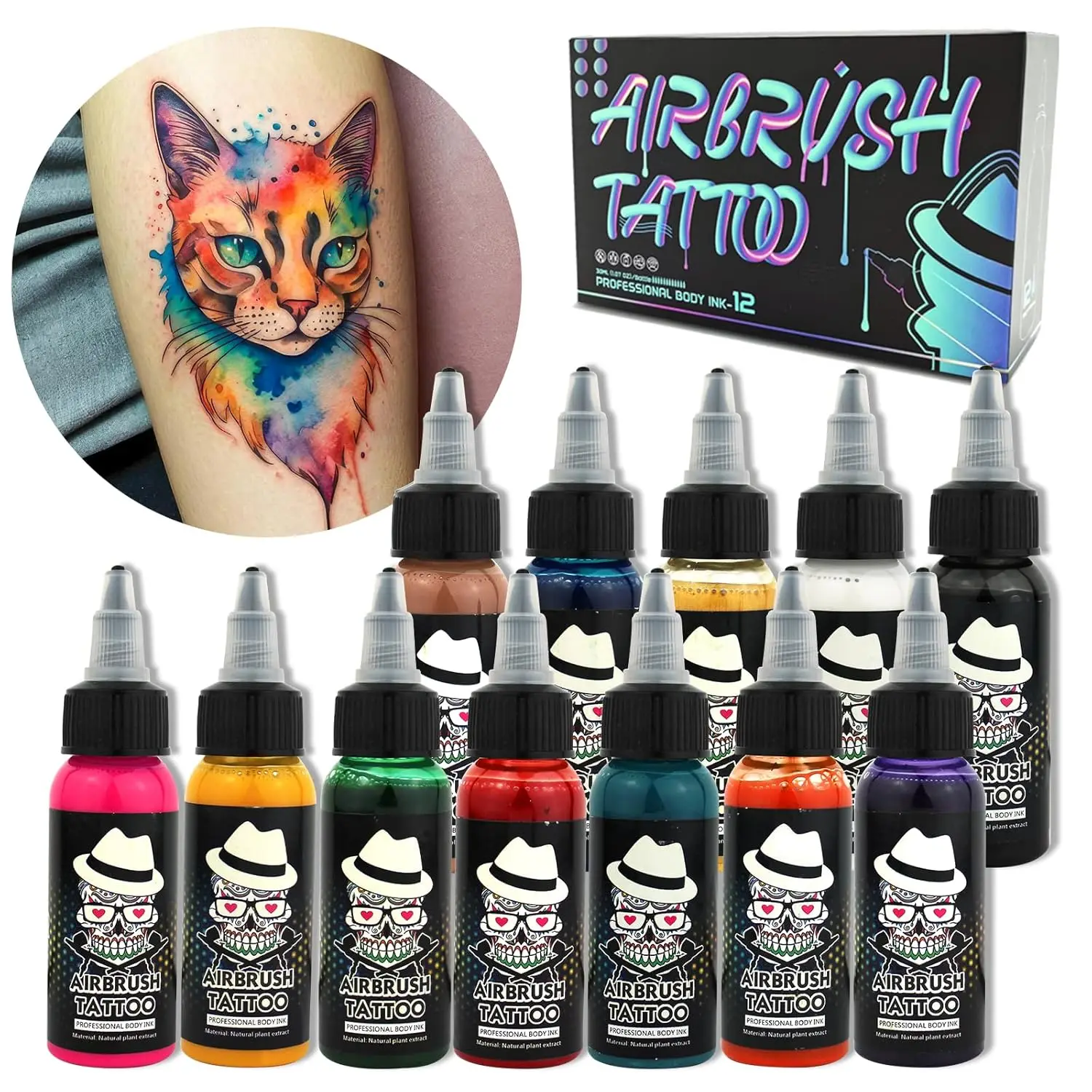 

Professional Airbrush Body Paint, 12 Colors for Temporary Tattoo Art, Glow Festival Makeup, EDM Rave Cosplay SFX