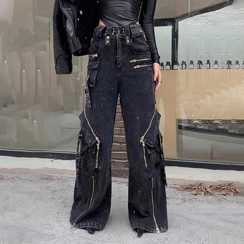 BPN Vintage Patchwork Zipper Loose Wide Leg Pants For Women High Waist Spliced Pockets Casual Denim Jeans Female Fashion Style