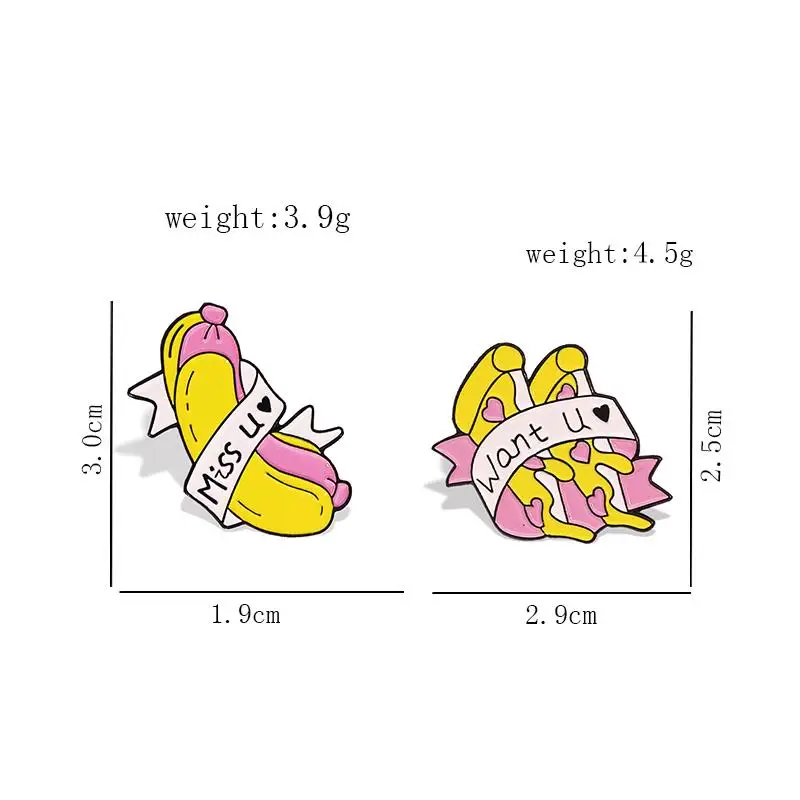 Hot Dog Enamel Pins Banner Miss U,Want U Food Brooches Bag Backpack Demin Lapel Badges For Kids Jewelry Spille Cute Pizza Bread