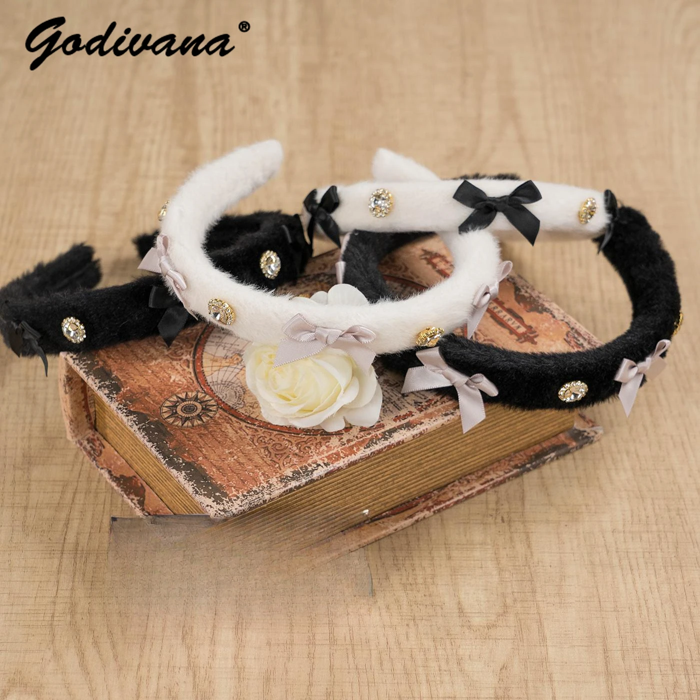 

Japanese Handmade Imitation Mink Hair Rhinestone Bow Headband Autumn and Winter Girls Hairy Headdress Lolita Women's Headwear