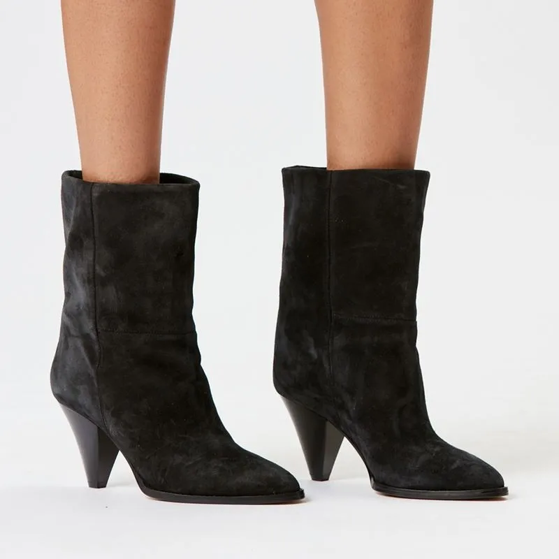 

Brown Pointed Toe Tapered Heel Mid-Calf Boots Woman Winter 2025 Denim Blue Slip-On Shaped-Heel Boots Fashion Shoes for Women