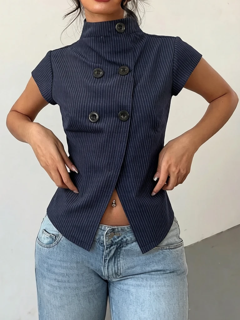 2026 new summer minimalist navy blue fine vertical stripe stand up collar top with double row buttons, trendy and spicy girl ins