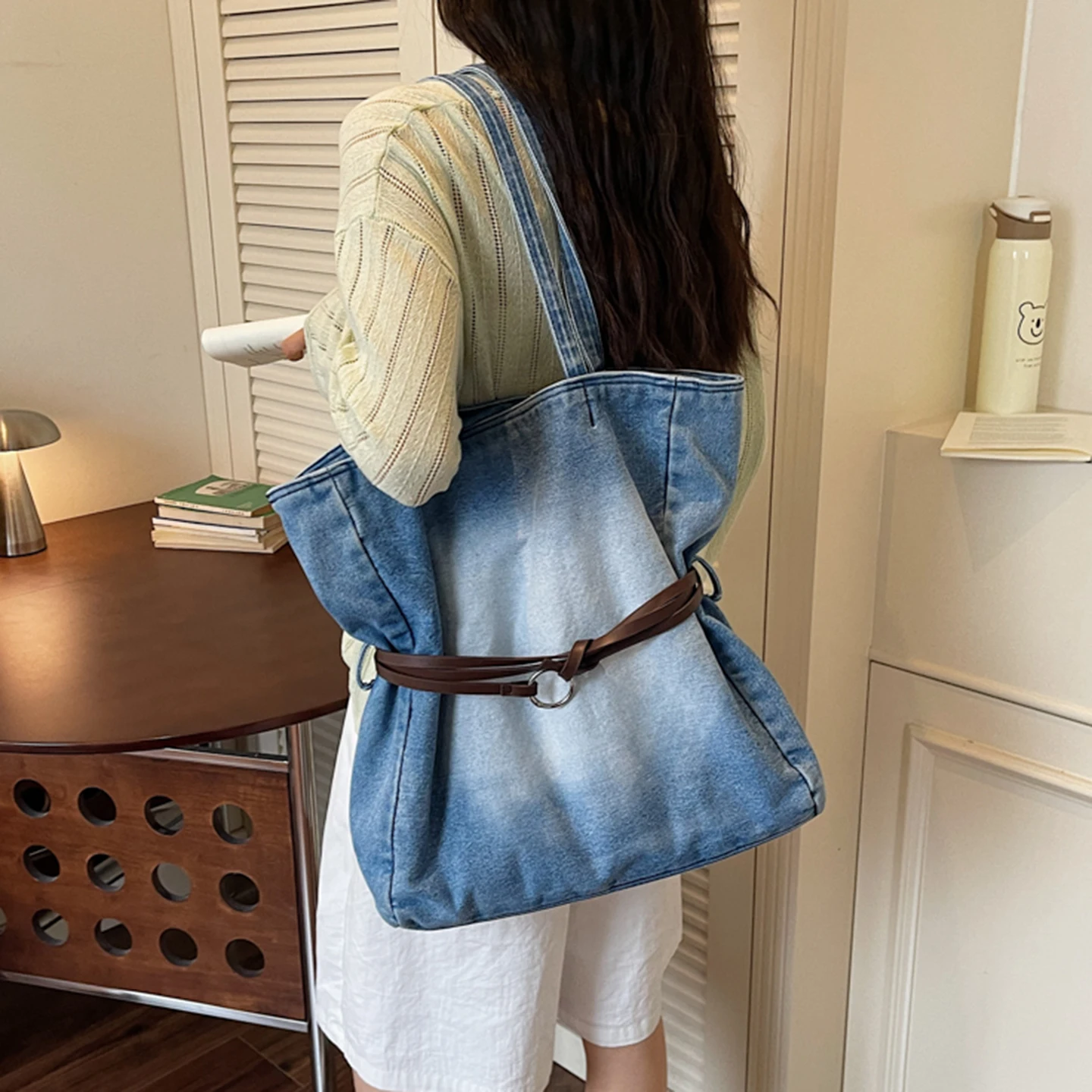 Denim Canvas Shoulder Bag Women's Commuter Large Capacity Open Mouth Fashion Handbag Belt Decorative Retro Style Handbag