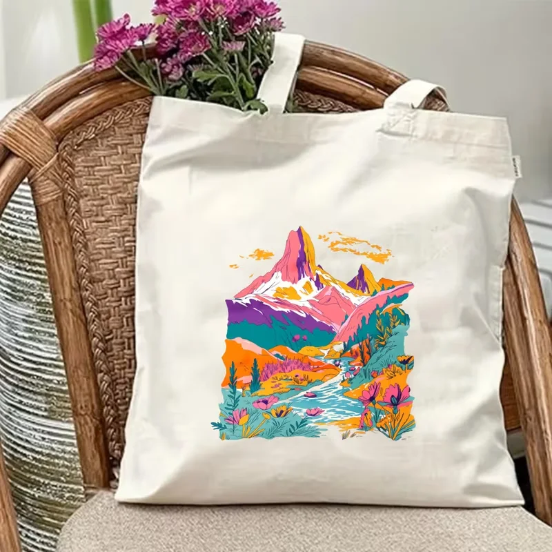 

Vibrant Colorful Mountain Landscape Canvas Tote Bag Rainbow Peak River Floral Print Reusable Shoulder Bag For Women