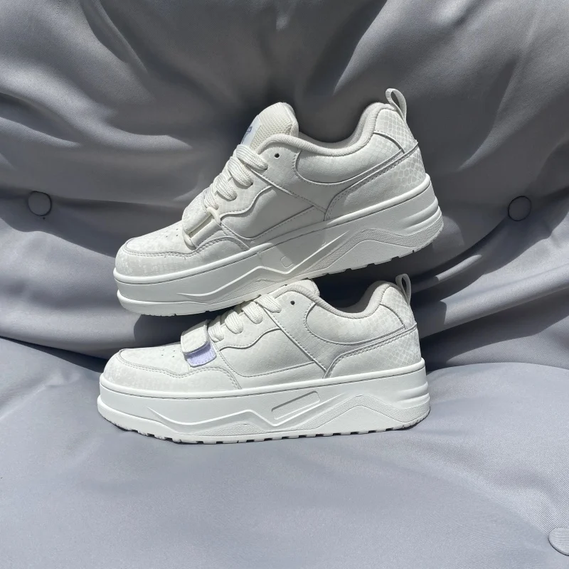 White Snake Grain Platform Skate Shoes Unisex Thick Sole Height Increasing Sneakers Large Size Hook&Loop Street Casual Footwear