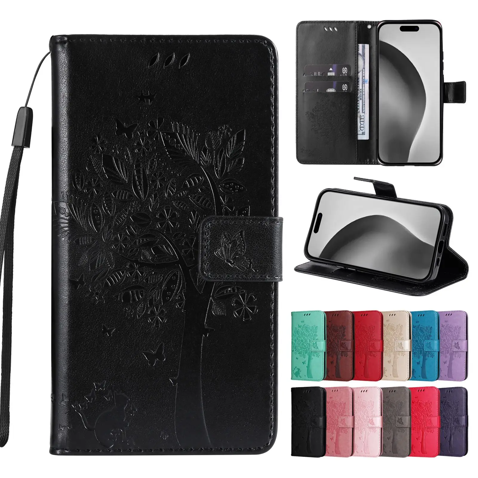 Phone Case for OPPO A17 A57 A77Realme V20 V23 C33 C30 Narzo 50i Prime Reno 8 Pro Synjolly Flip Card Wallet Case Tree Stand Cover