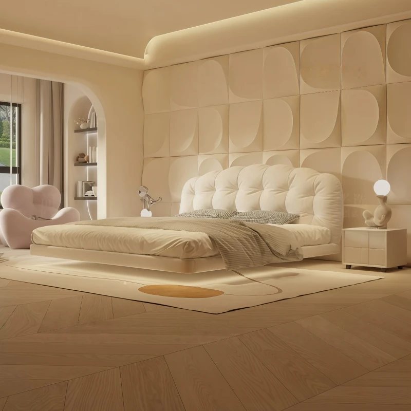 #Cream Style Floating Dreamy Bed Designer Light Luxury Double Fabric Bed Internet Famous Bed For Master & Small Bedroom
