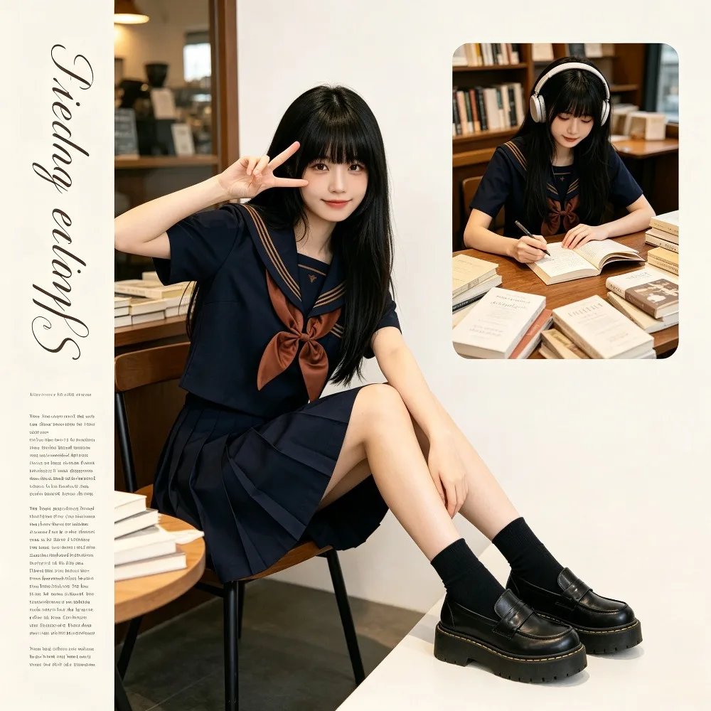 

Cyan Tea JK School Uniform Set,Long Sleeve Top Matching Pleated Short Skirt, Japanese College Style Outfit for Daily Campus Wear