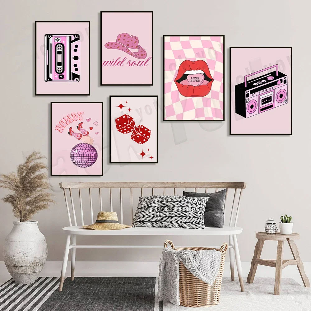 Trendy retro poster, lucky, dice, chess king and king, red lips print, Cowgirl Poster, Box, Checkerboard Wall Art, Home Decor