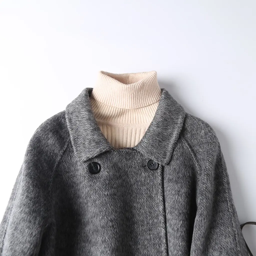 

Korean Women's Double-Pocket Woolen Jacket Double-Sided Elegant Mid-Length 4-Piece Set for Autumn Winter Wholesale