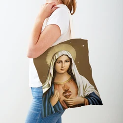 Lider Świętego Światła Chrystus Jezus Drukuj Lady Shopper Bag Vintage Tote Handbag Cartoon Savior Wielokrotnego użytku Składane płócienne torby na zakupy