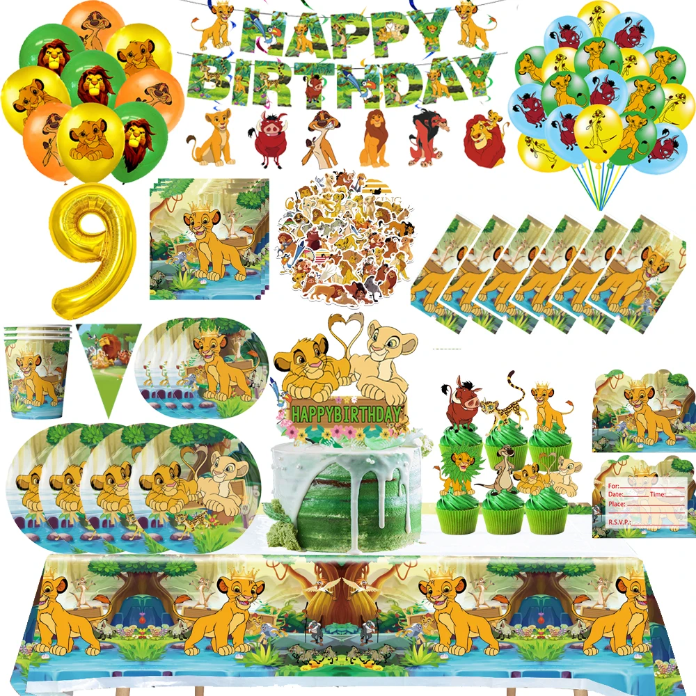 Löwen-Thema, Dekorationsartikel für einen Geburtstag für Jungen, Pappbecher, Teller, Servietten, Tortenaufsatz, Luftballons für Babyparty-Dekorationen und Geschenke.