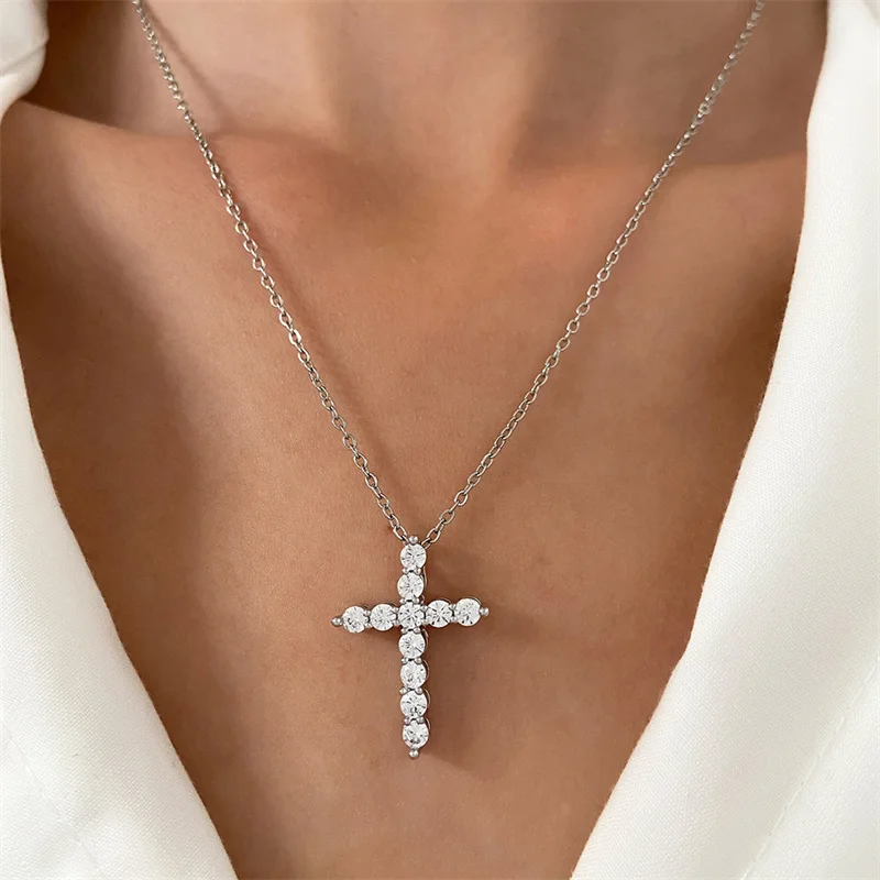 Shiny Crystal Zircon Cross Pendant Necklace for Women Girls Punk Silver Color Thin Chain Necklace Party Jewelry Birthday Gift