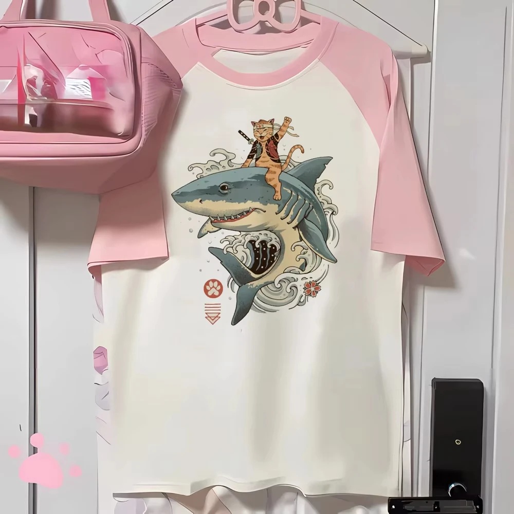 Japanische süße Cartoon-Stil Y2k Ästhetik Harajuku Anime Cartoon Katze Print Damen Kawaii Kurzarm T-Shirt Streetwear