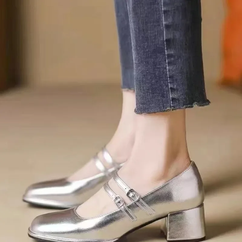 High Heel Casual Pumps Square Toe Square Heel 2024 Brand Shoes Female Buckle Strap Autumn Solid Classics Pumps Tacón Alto