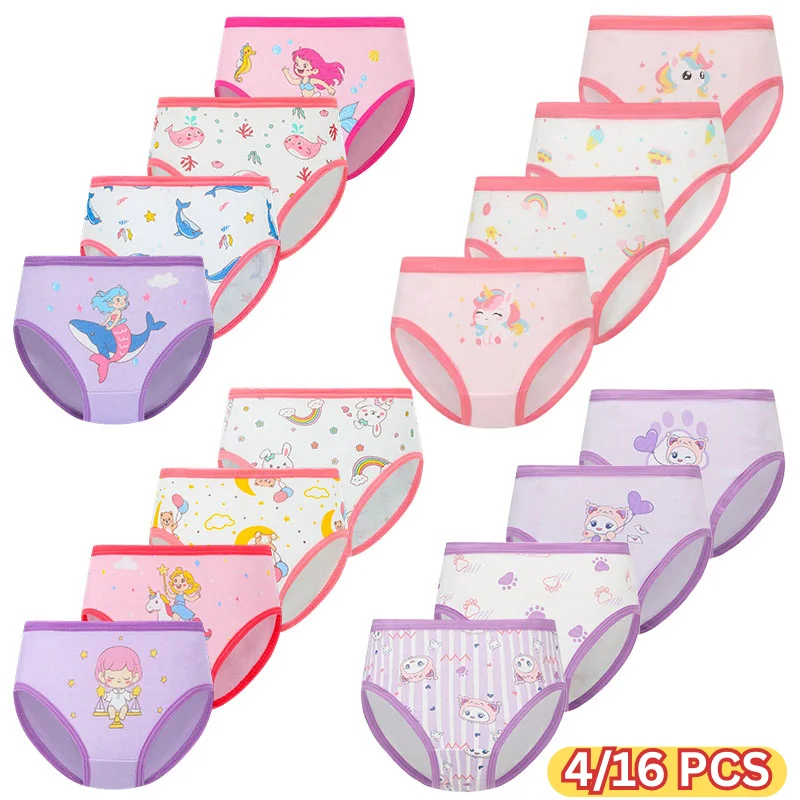 4/16 Pieces Cute Girls Panties Premium Cotton Soft Toddlers Briefs Cartoon Rainbow Unicorn Mermaid Print Baby Girls Underwear