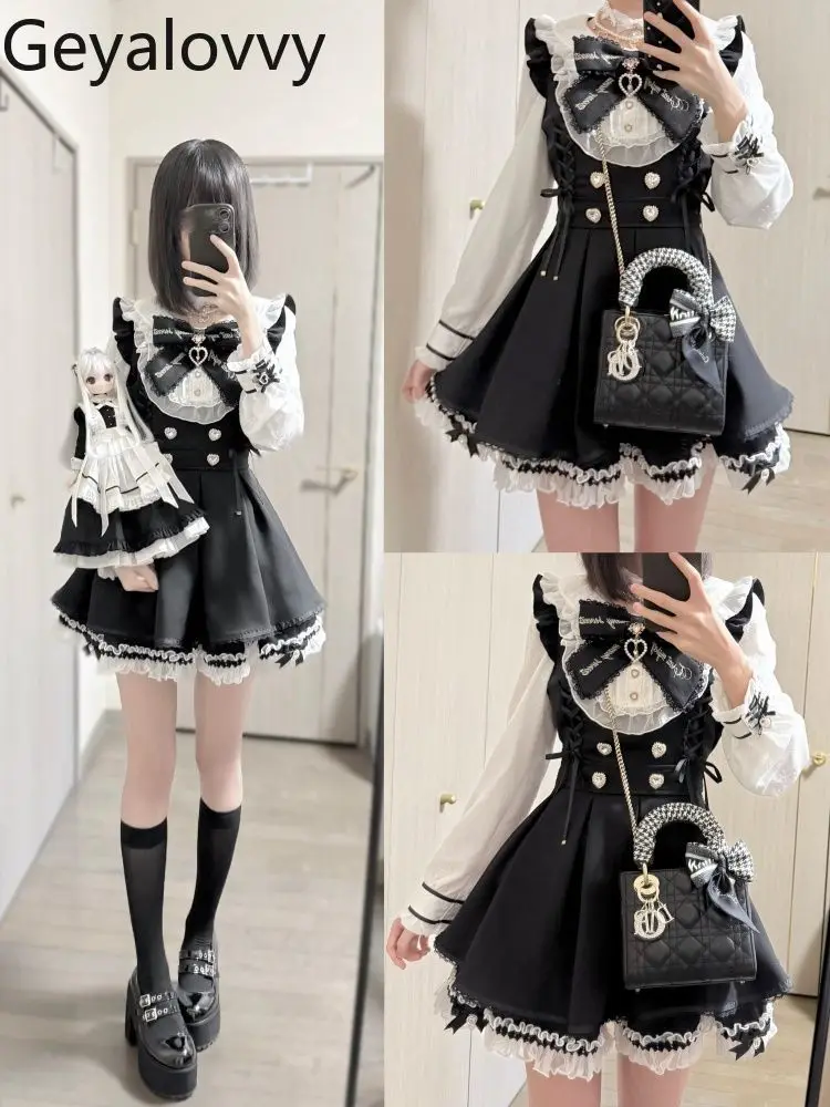 

Mine Girl Mass-produced Black White Color Matching High Waist Bow Long-sleeved Dress + Short Bottom Skirt Two Piece Set