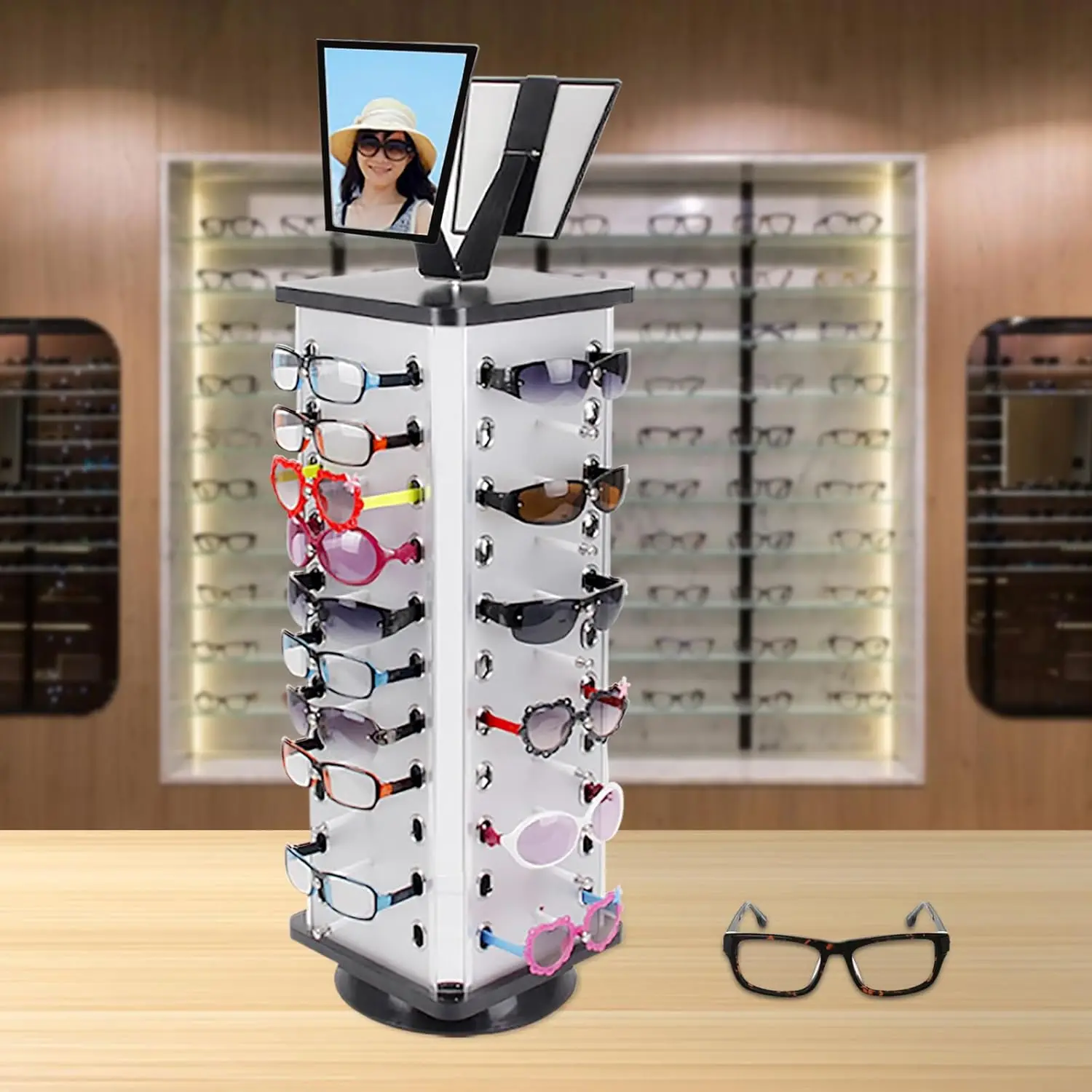 

360° Rotating Eyeglasses Display Stand, 44 Pairs Sunglass Holder Sunglass Display Rack Freestanding Glasses Holder W/ Mirror
