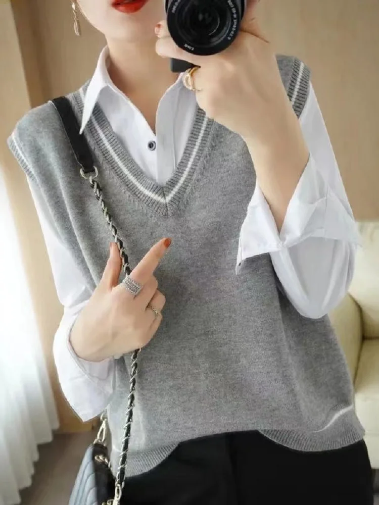 

Fashionable Knitted Vest Women's Outerwear Sleeveless Warmth Commute Style V-Neck Loose Fit Color Brand Tag Removed