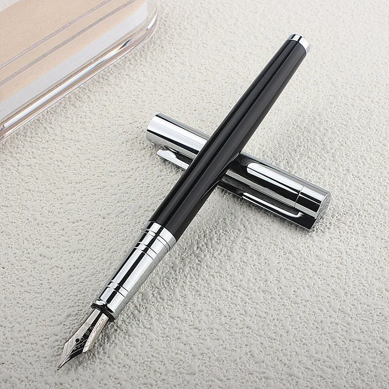 Luxury Black Silver Metal Fountain Pen Pointed Pen Student Adult Office Writing and Writing Practice Writing Ink Pen