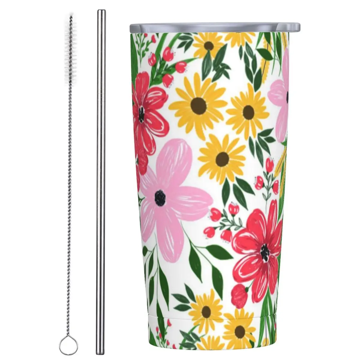 

Stainless Steel Tumbler Bright Flowers Car Mugs Pink Red Floral Driving Cold and Hot Water Bottle Leakproof 20oz Thermal Cups