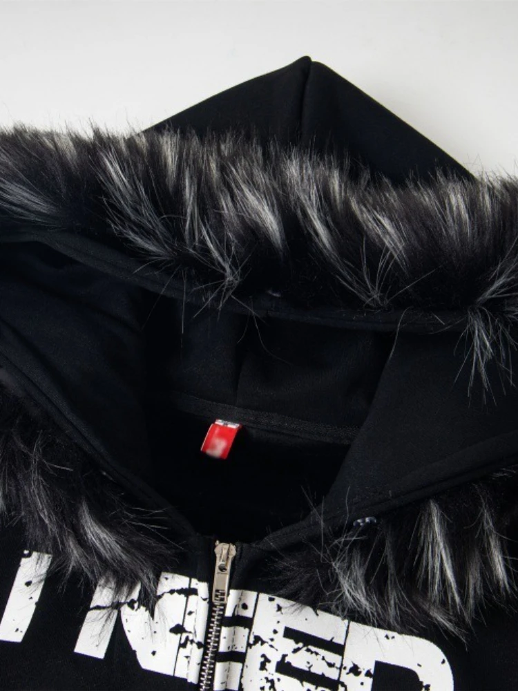 رجل هوديي الشارع الشهير الأسود فو الفراء هود زمم البلوز إلكتروني طباعة تصميم فضفاض صالح صوف مبطن الاتجاه الرجعية موضة جديدة