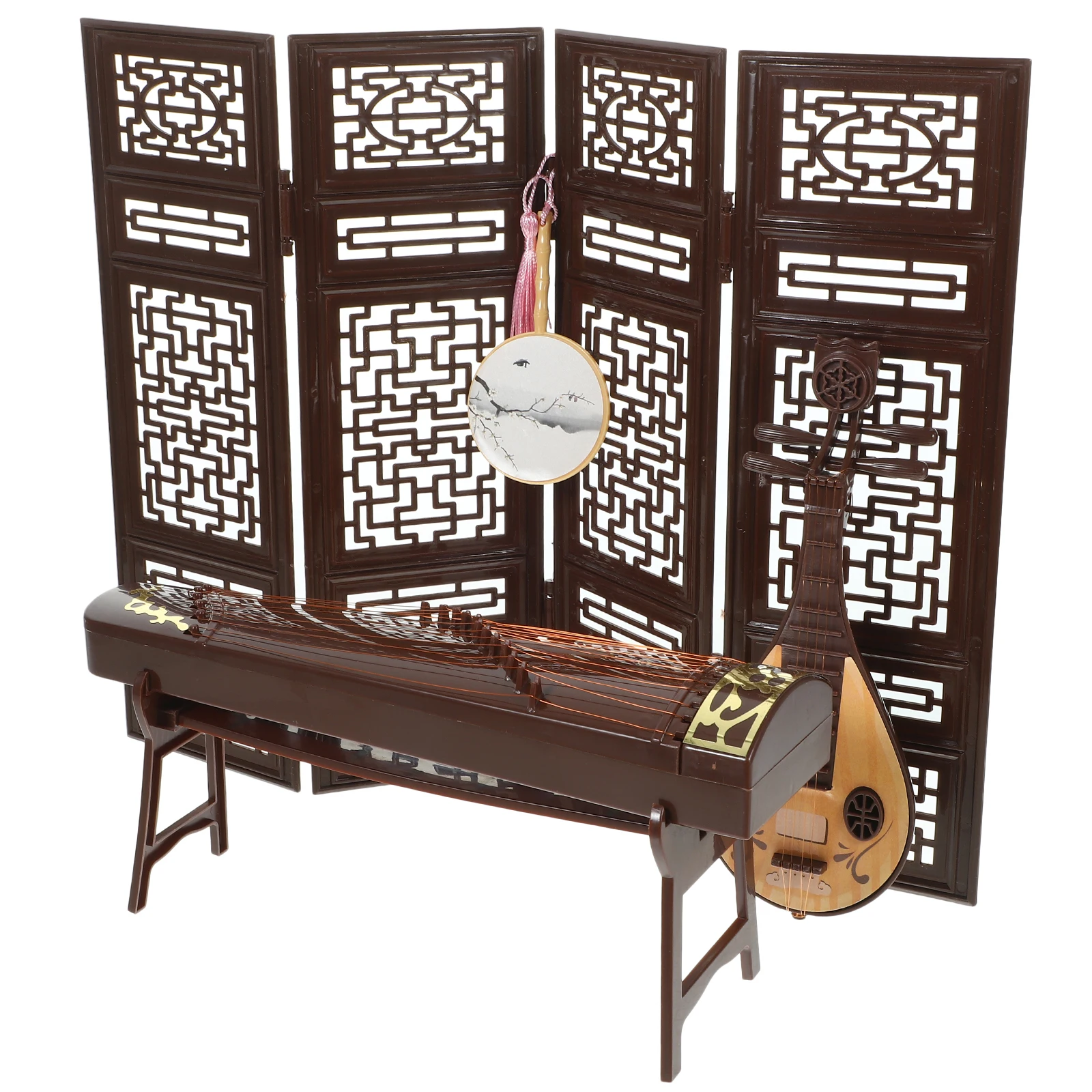 

4pcs Simulation Furniture Model Chinese Style Mini Decor Smooth Surface Pipa Guzheng Fan Props Home Decoration Gifts