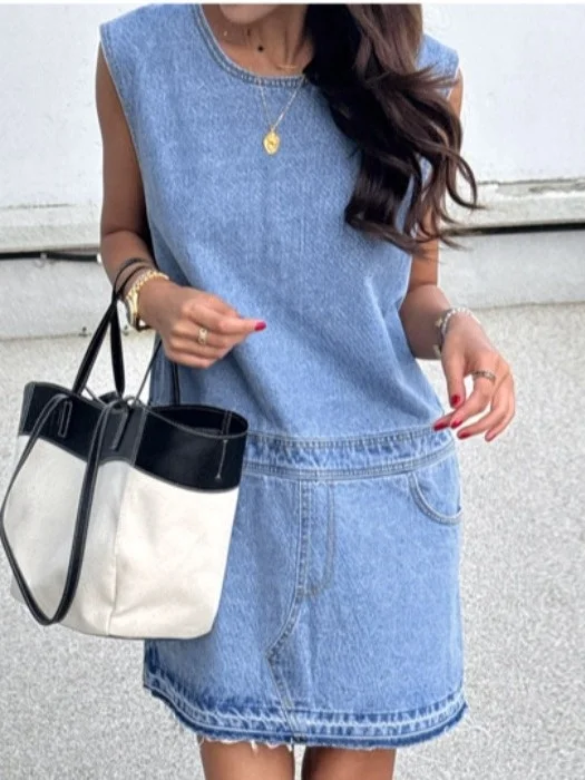 

Retro Hong Kong Sle Zip Ba Loose A-Line Dr Women's Summer New Denim Vest Dr Chic Casual Faion
