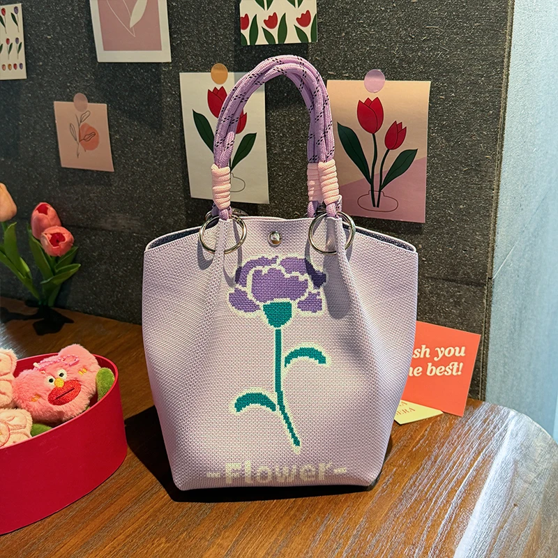 Purple Floral Knitted Handbag, High-Quality, Eco-Friendly, with Chinese Blessing Messages, Gift Bag, Multifunctional, Large Capacity Tote Bag, Suitable for Gifting to Family, Friends, Classmates, Holiday Shopping, Fashionable Handbag, Daily Casual Outing, Carrying Essentials, Women's Bag