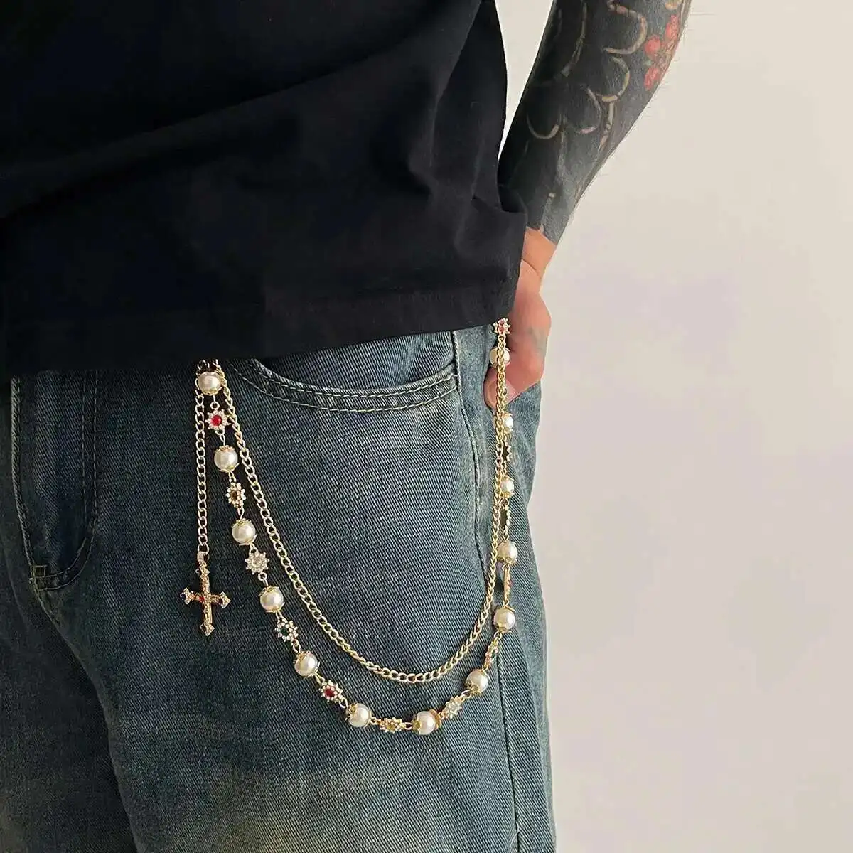 Salircon 2026 Neue Punk Kreuz Strass Anhänger Schlüsselbund Männer Frauen Goth Hose Kette Hip Hop Hosen Kette Gürtel Kette Männlichen Schmuck