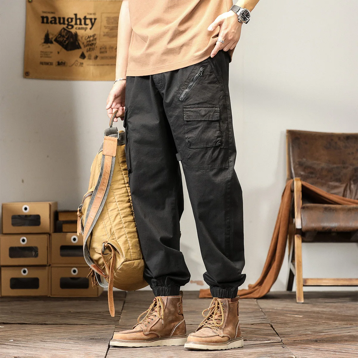 Herren Cargo hose hohe Taille lässig neunte Hose Mode schlanke High Street gerade Arbeits kleidung Hose Trend Streetwear Binde bein