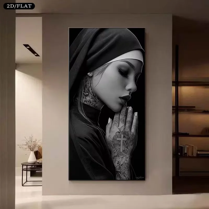 2D Flat, 2D Flat, Large Canvas Print Featuring a Tattooed Nun, Measuring 31.49X62.99 Inches Or 80X160 Cm, Perfect for Home Decor