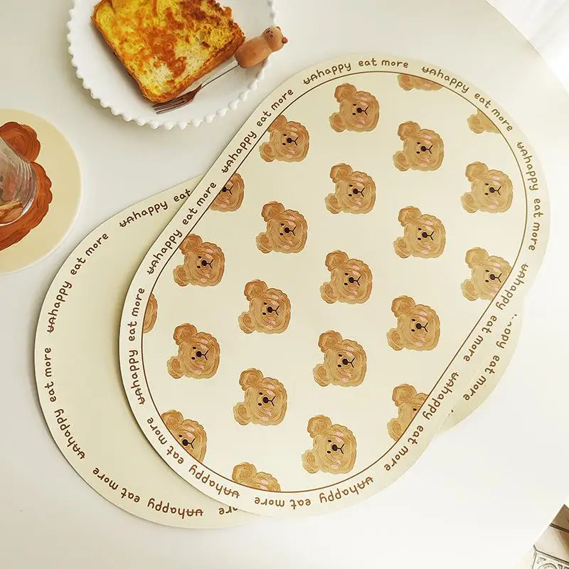 PU Leather Non-slip Placemat Cartoon Bear Food Table Mat Waterproof and Oil-proof Table Mat Insulation Placemats Home Decoration