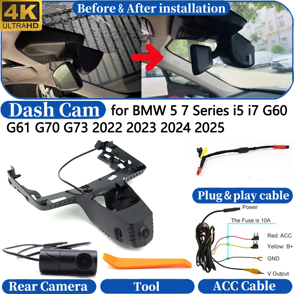 Dashcam für BMW 5er 7er Serie i5 i7 G60 G61 G70 G73 2022-2025 Vorder- und Rück-DVR Armaturenbrett-Kamera Videorekorder Nachtsicht