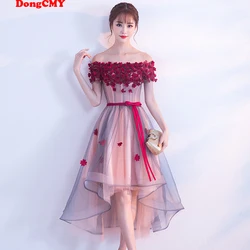 High Low New Flowers abiti da damigella d'onore Plus Size elegante scollo a barca maniche corte perle Robe De Soiree Princess Gown