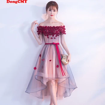 Alta baixa novas flores vestidos de dama de honra plus size elegante barco pescoço manga curta pérolas robe de soiree vestido de princesa