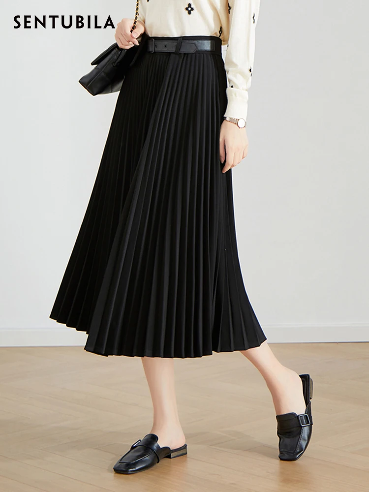 

SENTUBILA High Waist Pleated Skirt for Women 2024 Spring Autumn Fashion Belted Mid-Calf A Line Skirts Female Clothing 113Q37794