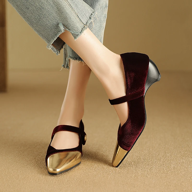 Retro Style Velvet Flock Pointed Toe Mary Jane Shoes for Women Gold Toe Patchwork Mix Color Wedge Heels Ladies Office Pumps 46