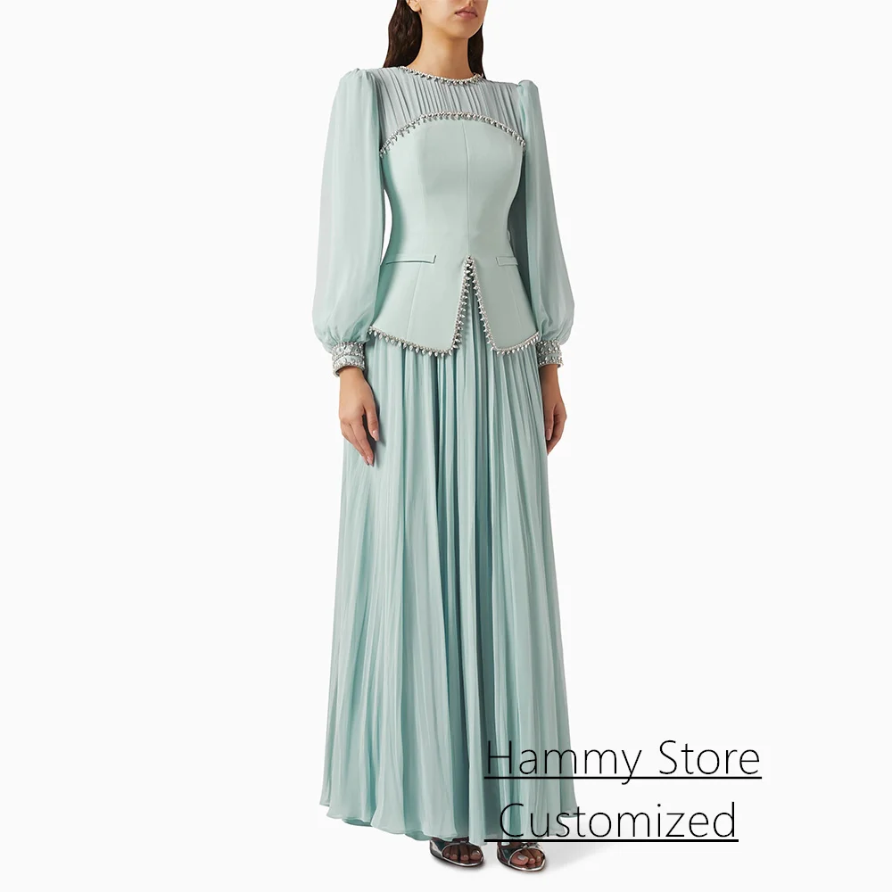 

Special Evening Dress Arabian Party Gown Customized Modest Round Neck Puff Sleeves Beading Pleat Formal Prom Dresses