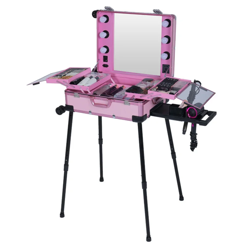 Beauty Nail Salon Professional Makeup Train Case Trolley Cosmetics Case On Wheels Makeup Storage Organizer Pink Make Up Carrier 